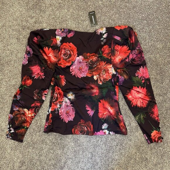 Express Women's Satin Wrap Top Size XS Floral Long Puff Sleeve V-Neck NWT $64 - Picture 12 of 16